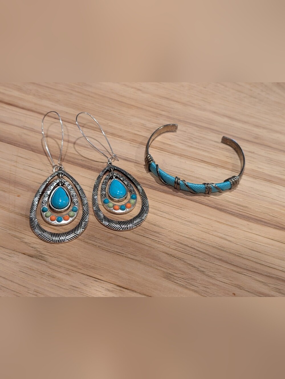 Silvertone Drop Earrings With Multi Colored Stones And Matching Bracelet
